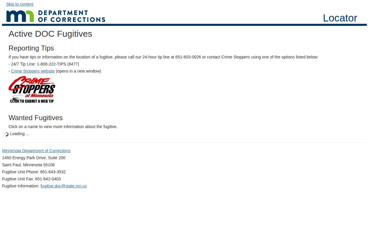 Minnesota DOC active fugitive search interface
