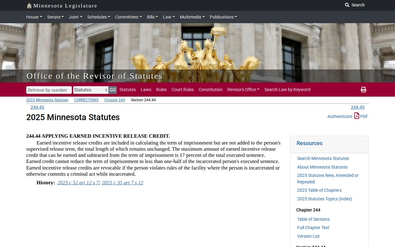 Minnesota EIRC statute affecting Watonwan County projected release dates