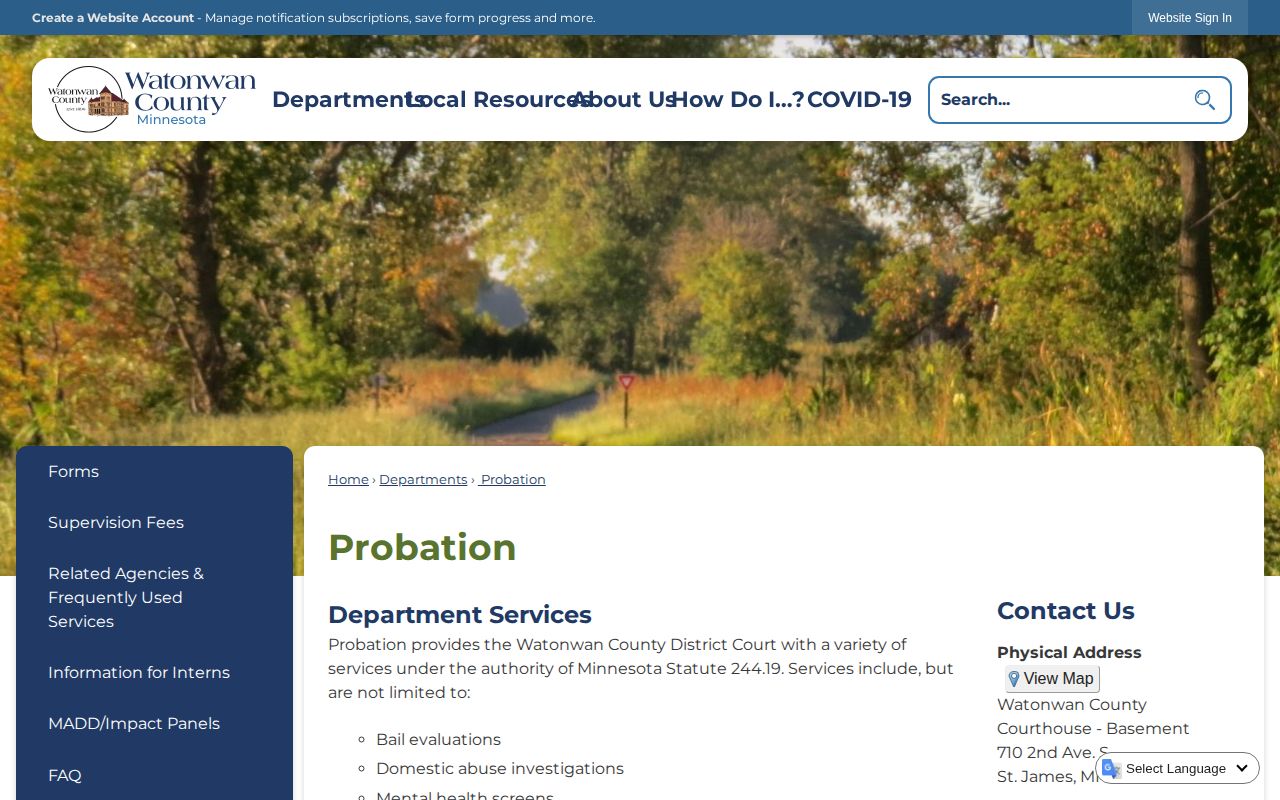 Official Watonwan County Probation page describing probation and supervised release services